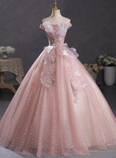Pink Tulle Sequins Beading Quinceanera Dress